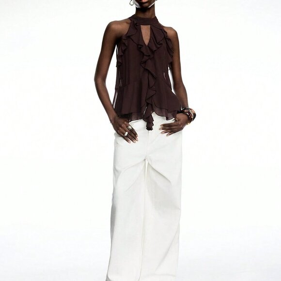 Coffee Brown Casual Women's Ruffle Chiffon Halter Top With Tie – Boho Style - Picture 3 of 7